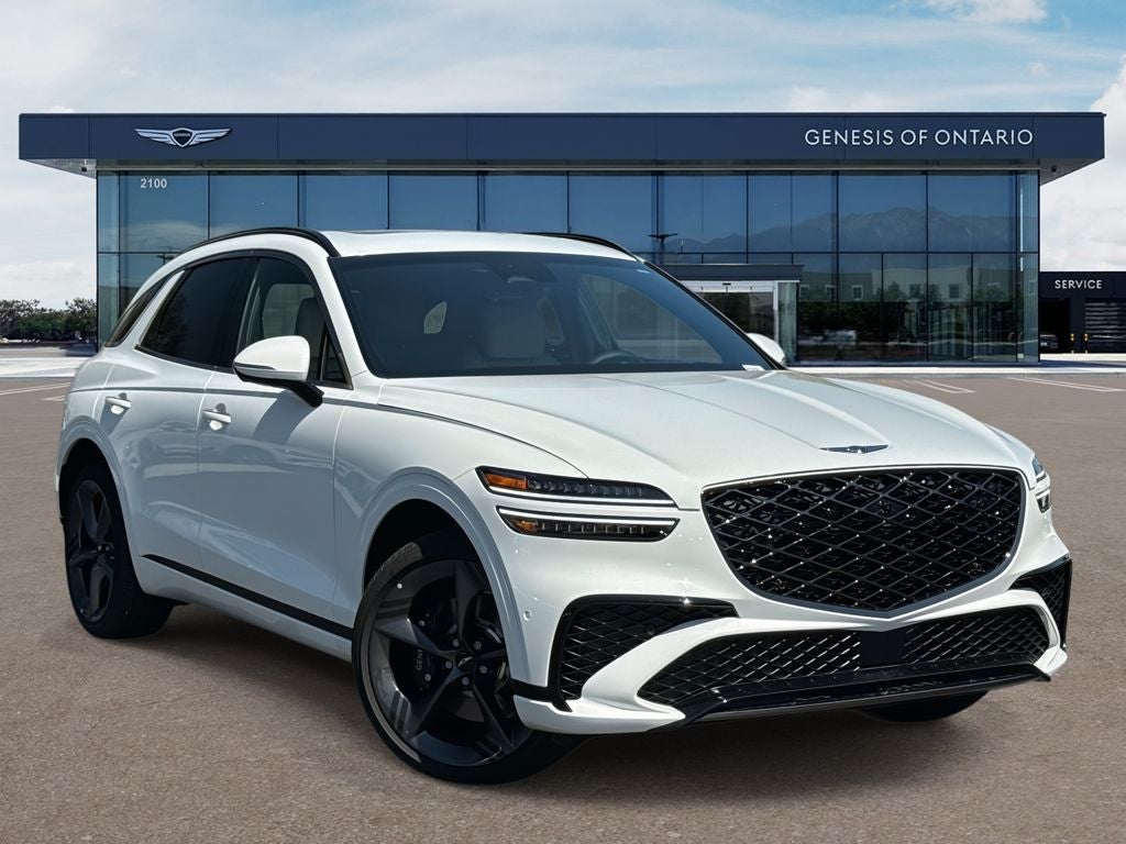 2026 Genesis GV70 3.5T SPORT PRESTIGE in Alta White — front three-quarter view