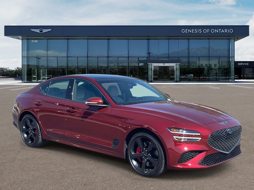 2026 Genesis G70 3.3T SPORT PRESTIGE in Cavendish Red — front three-quarter view