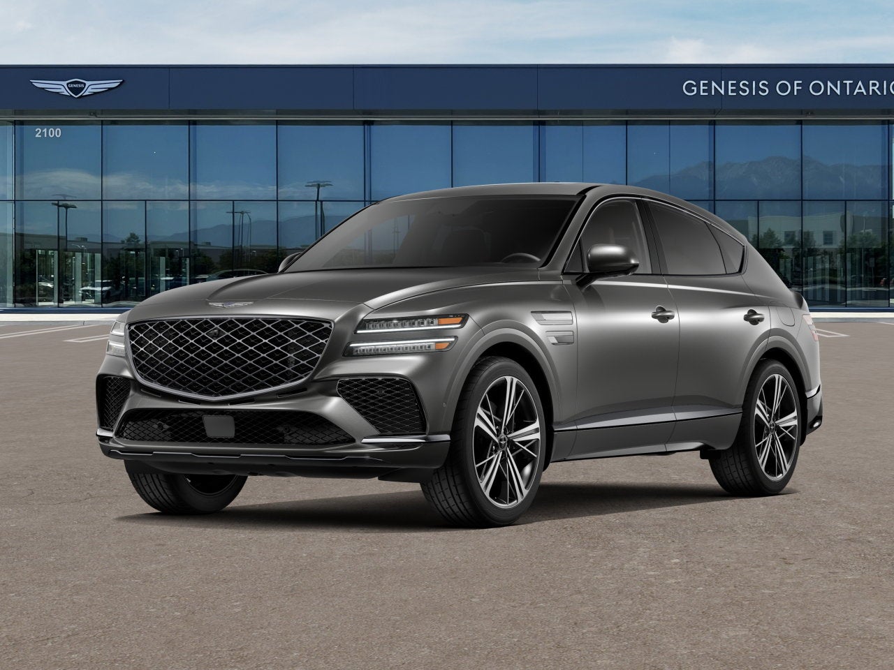 2026 Genesis GV80 Coupe 3.5T E-SC MHEV in Makalu Gray Matte — front three-quarter view